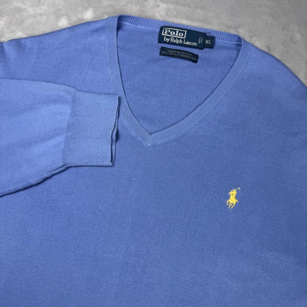 Polo Ralph Lauren Pima Cotton V-Neck Sweater Mens XL Blue Long Sleeve Pony Logo